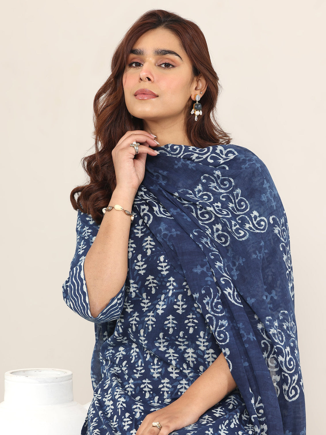 Mameraa Indigo Printed Cotton Straight Suit With Dupatta