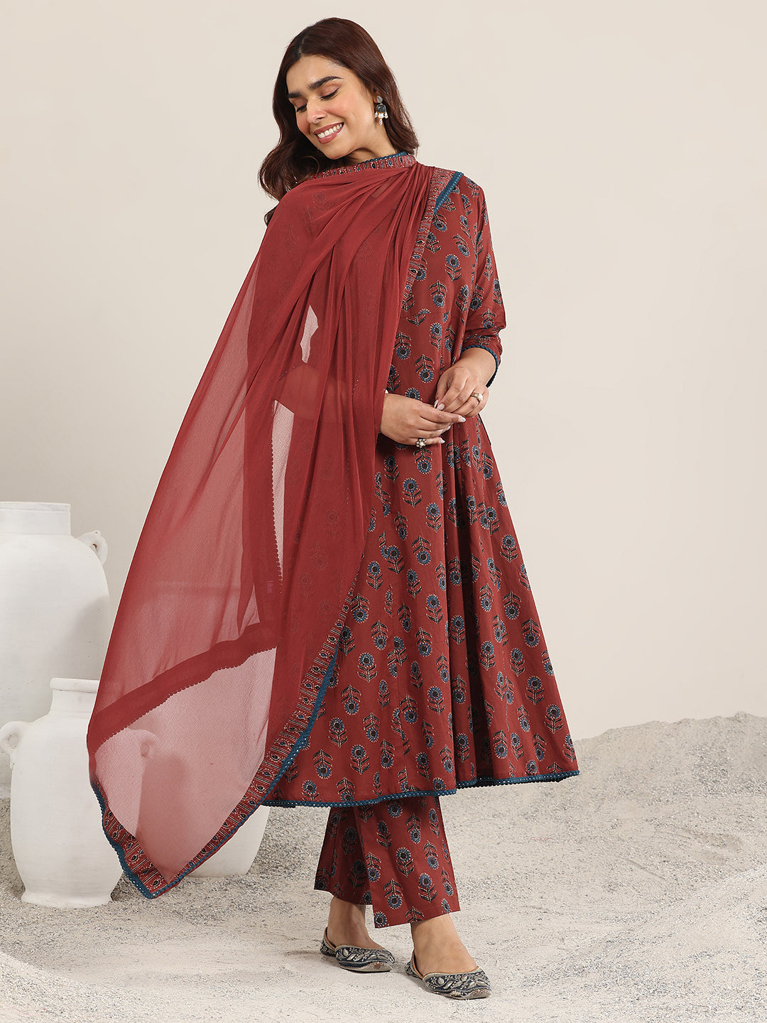 Mameraa Maroon Printed Cotton A-Line Suit With Dupatta