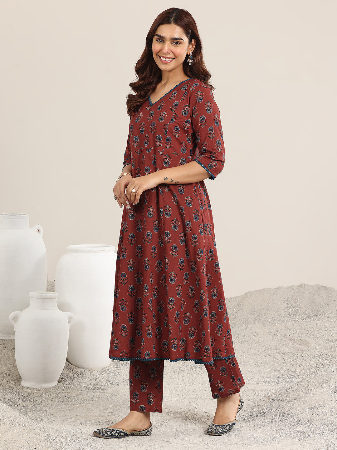 Mameraa Maroon Printed Cotton A-Line Suit With Dupatta