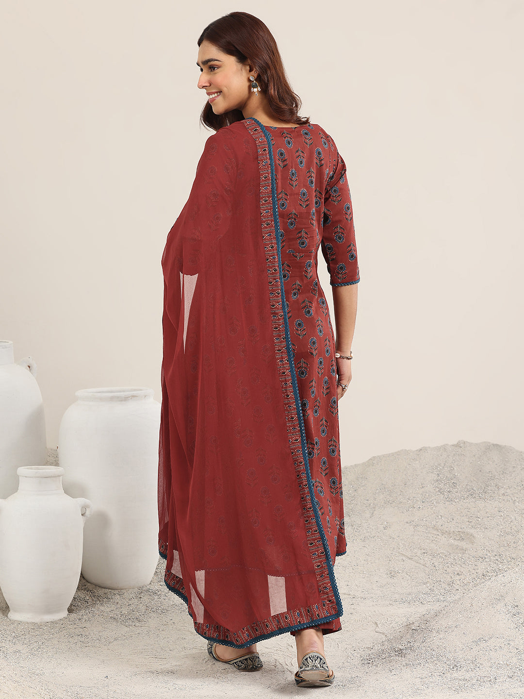 Mameraa Maroon Printed Cotton A-Line Suit With Dupatta