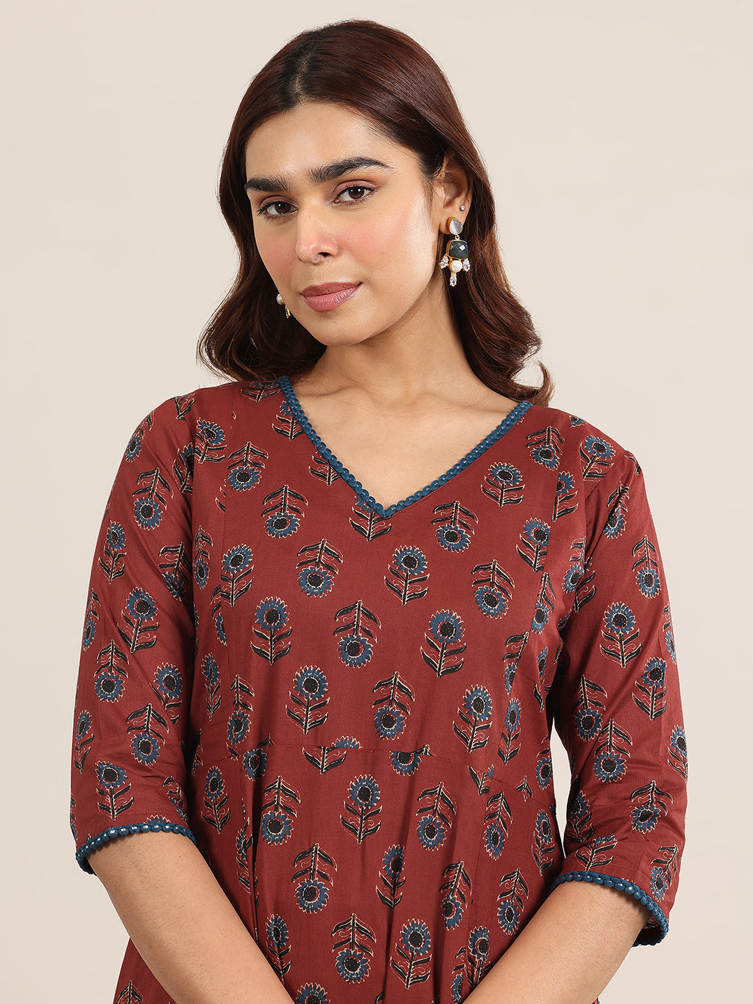 Mameraa Maroon Printed Cotton A-Line Suit With Dupatta