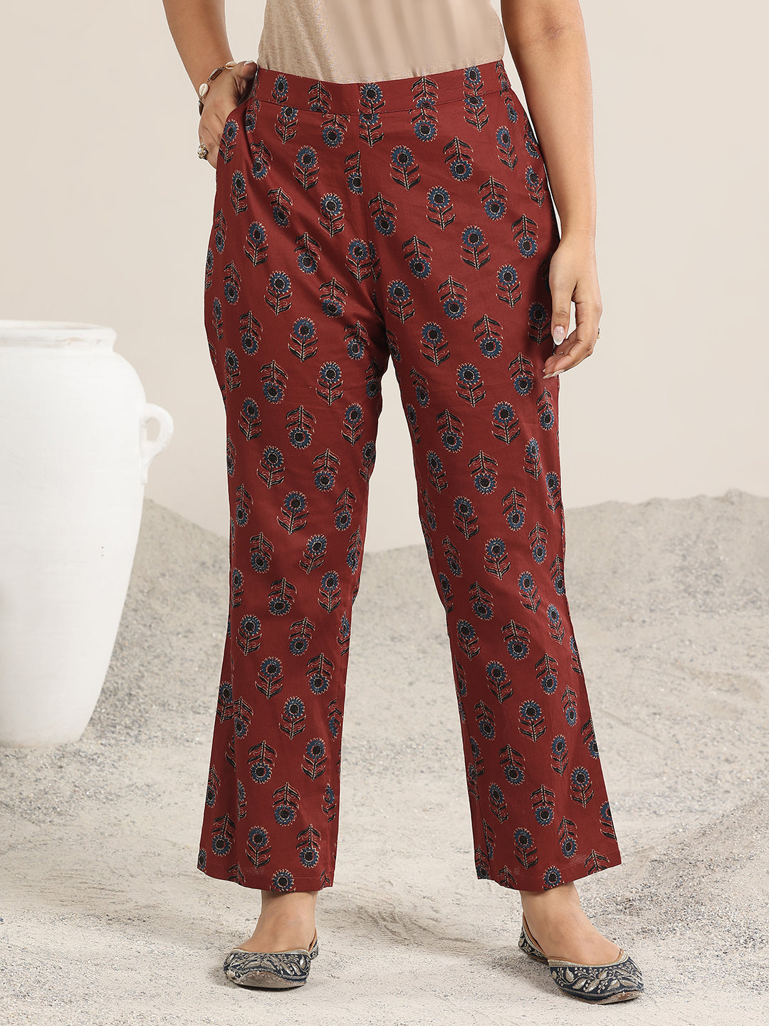 Mameraa Maroon Printed Cotton A-Line Suit With Dupatta