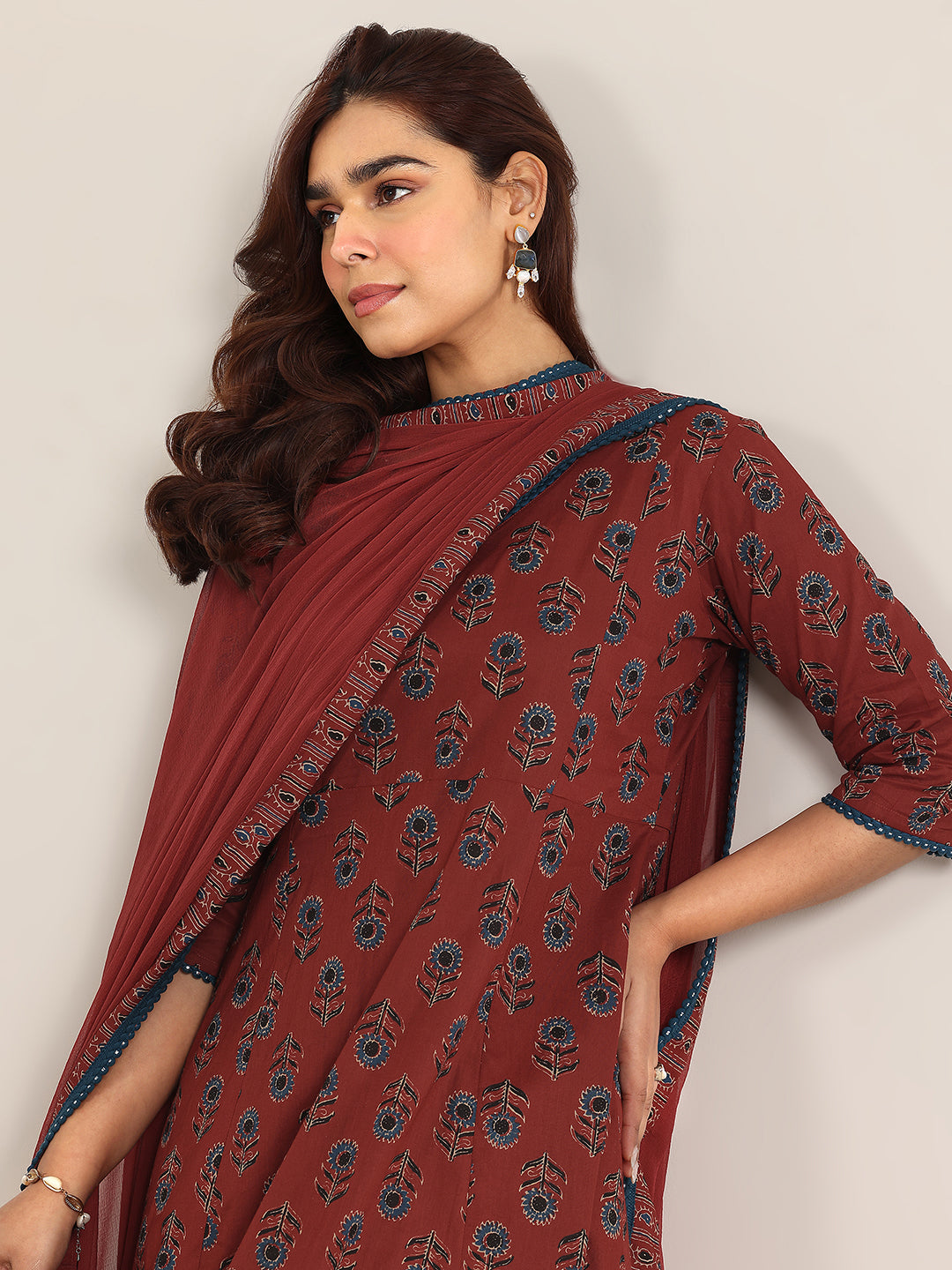 Mameraa Maroon Printed Cotton A-Line Suit With Dupatta