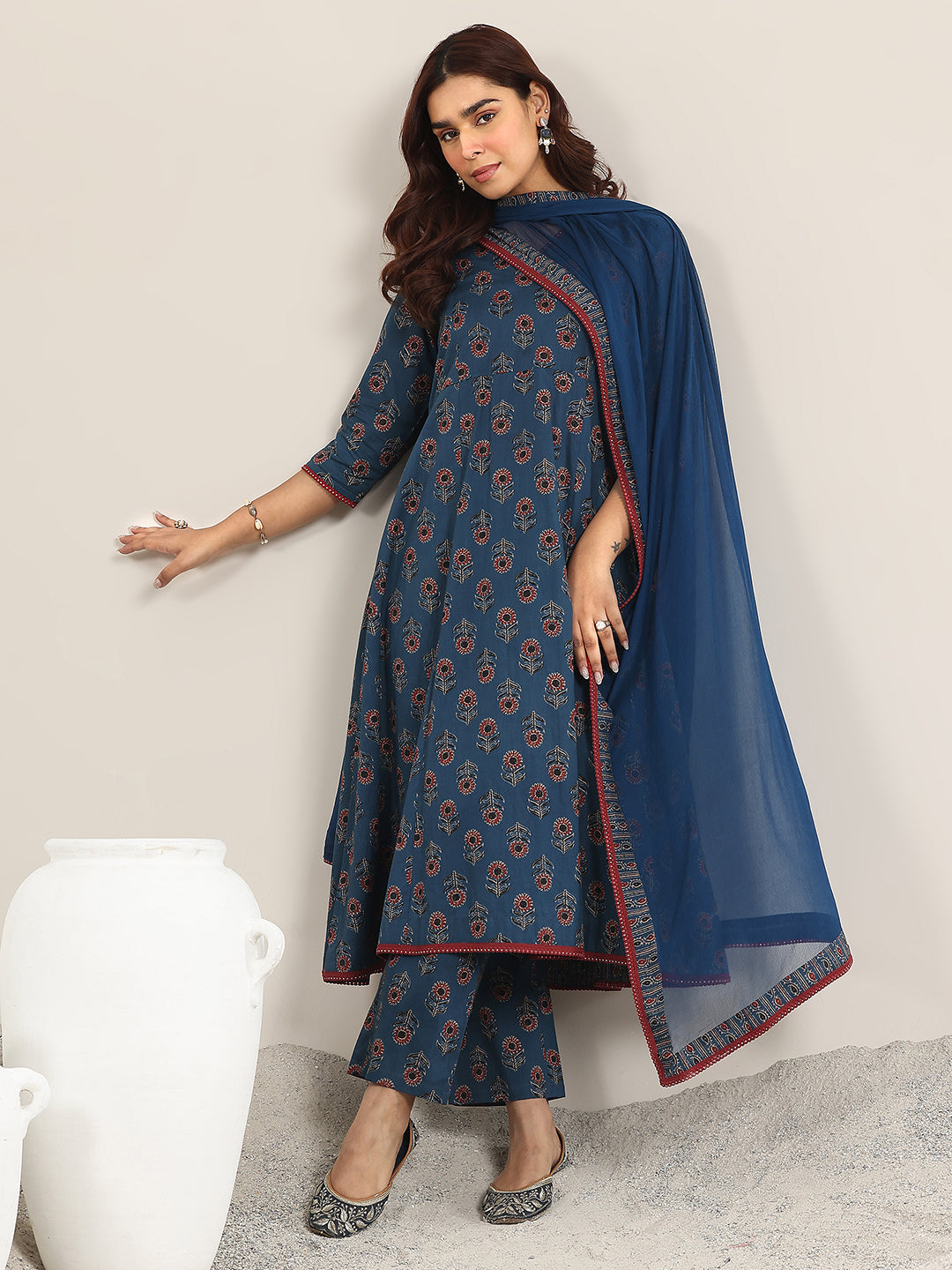Mameraa Navy Blue Printed Cotton A-Line Suit With Dupatta
