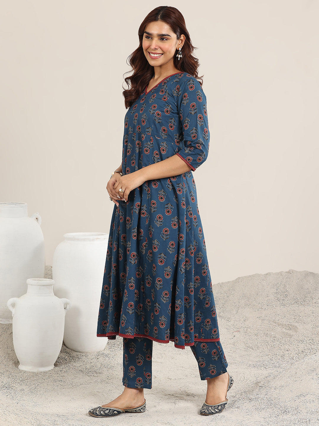 Mameraa Navy Blue Printed Cotton A-Line Suit With Dupatta