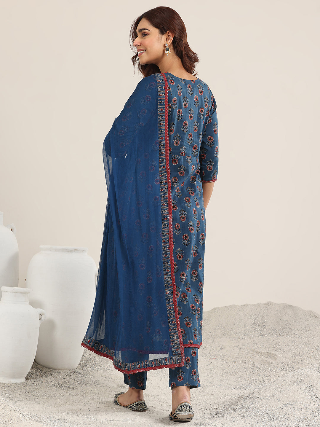 Mameraa Navy Blue Printed Cotton A-Line Suit With Dupatta