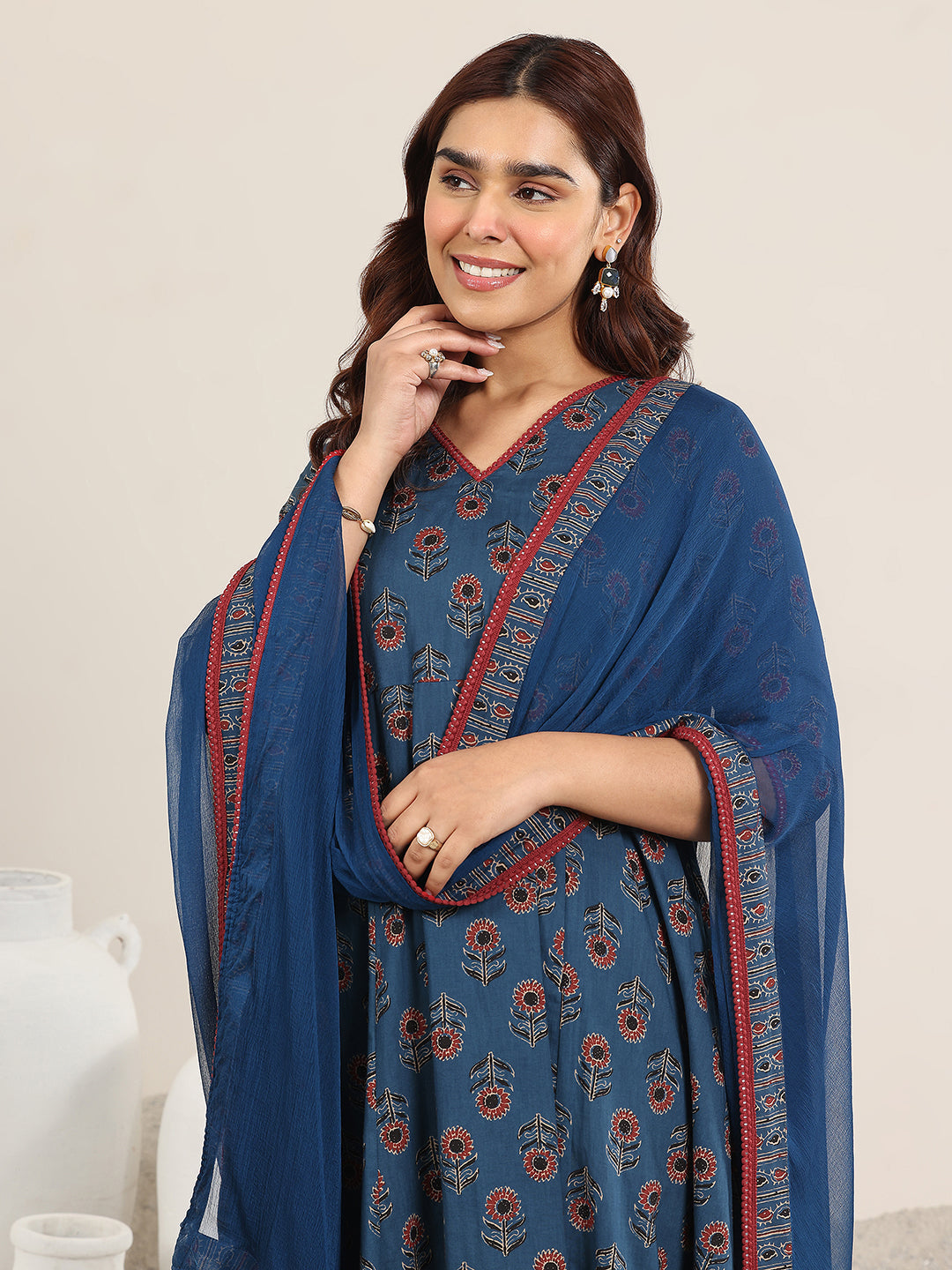 Mameraa Navy Blue Printed Cotton A-Line Suit With Dupatta