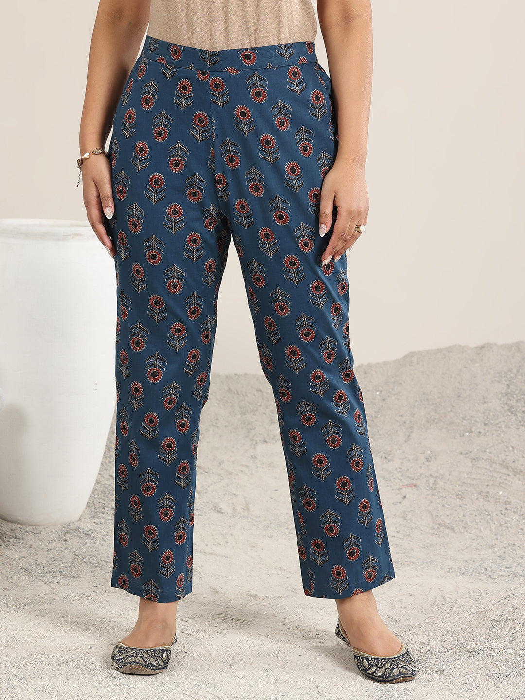 Mameraa Navy Blue Printed Cotton A-Line Suit With Dupatta