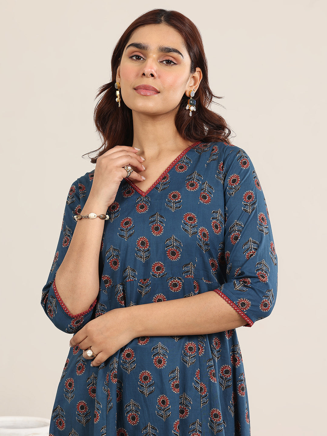 Mameraa Navy Blue Printed Cotton A-Line Suit With Dupatta