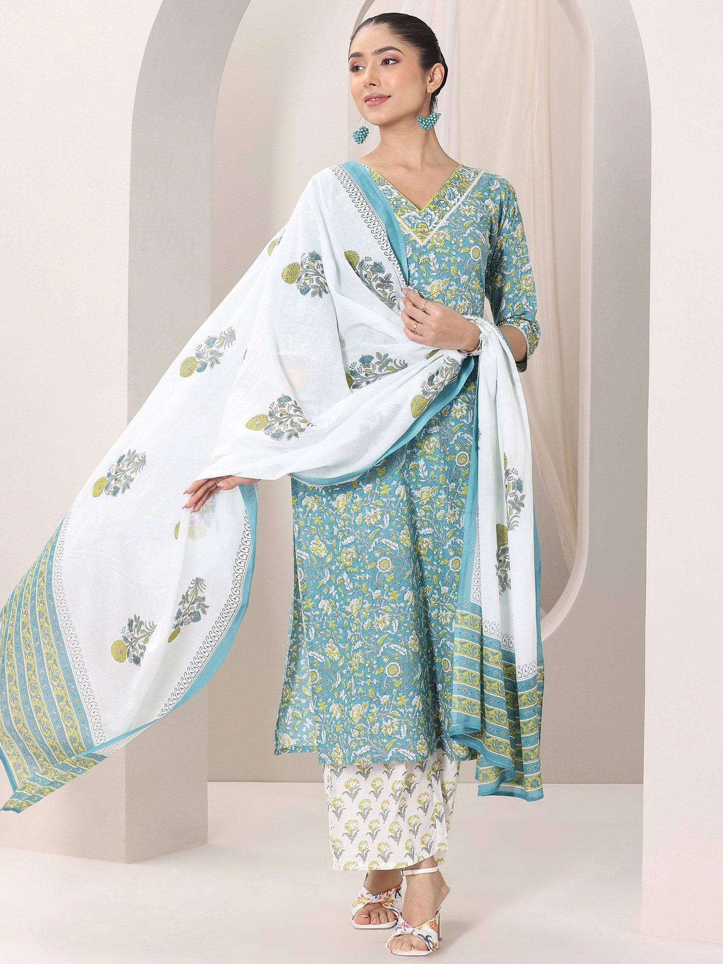 Libas Teal Blue Printed Cotton Straight Suit Set With Dupatta