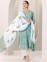 Libas Teal Blue Printed Cotton Straight Suit Set With Dupatta