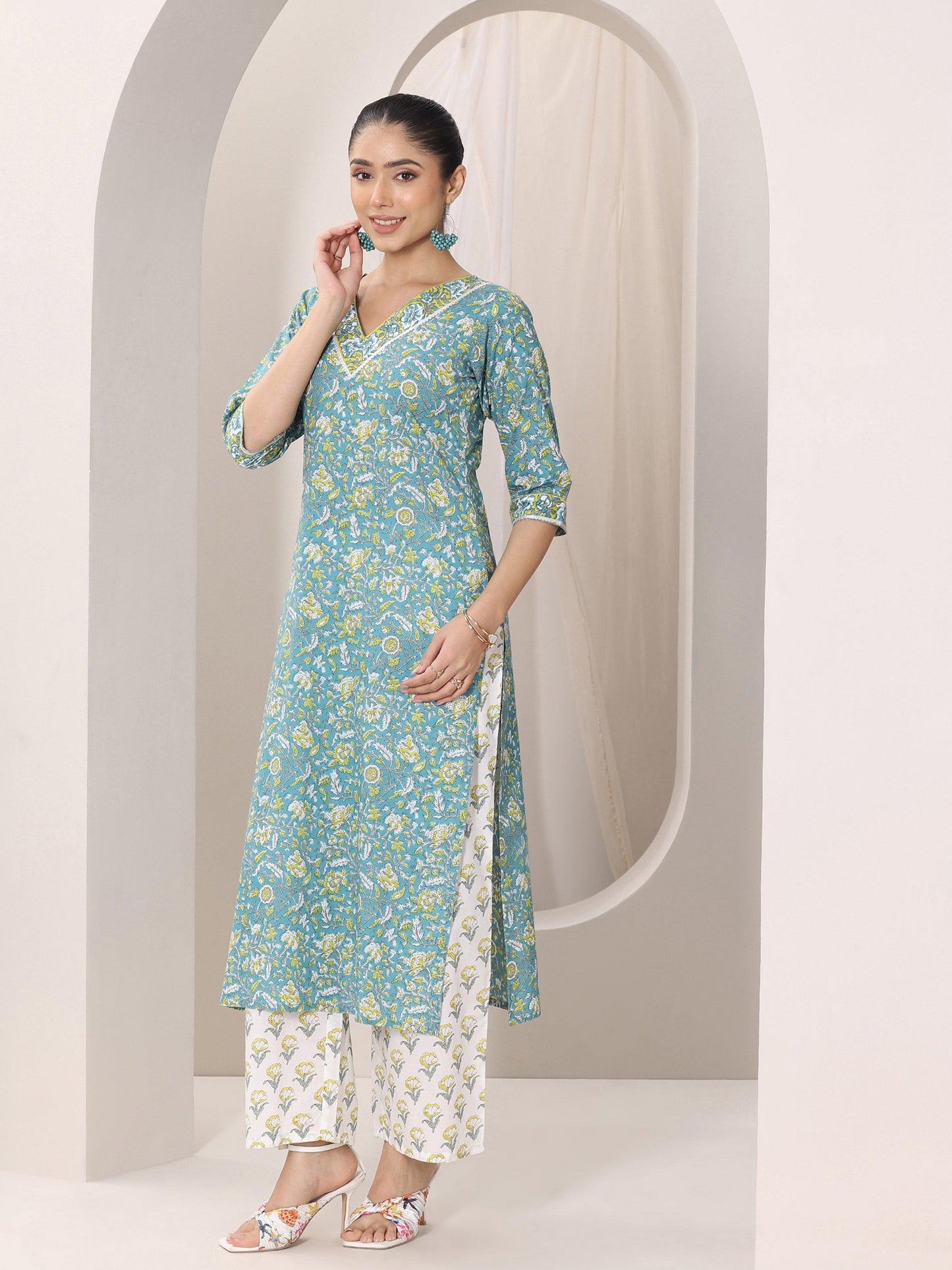 Libas Teal Blue Printed Cotton Straight Suit Set With Dupatta