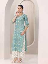 Libas Teal Blue Printed Cotton Straight Suit Set With Dupatta