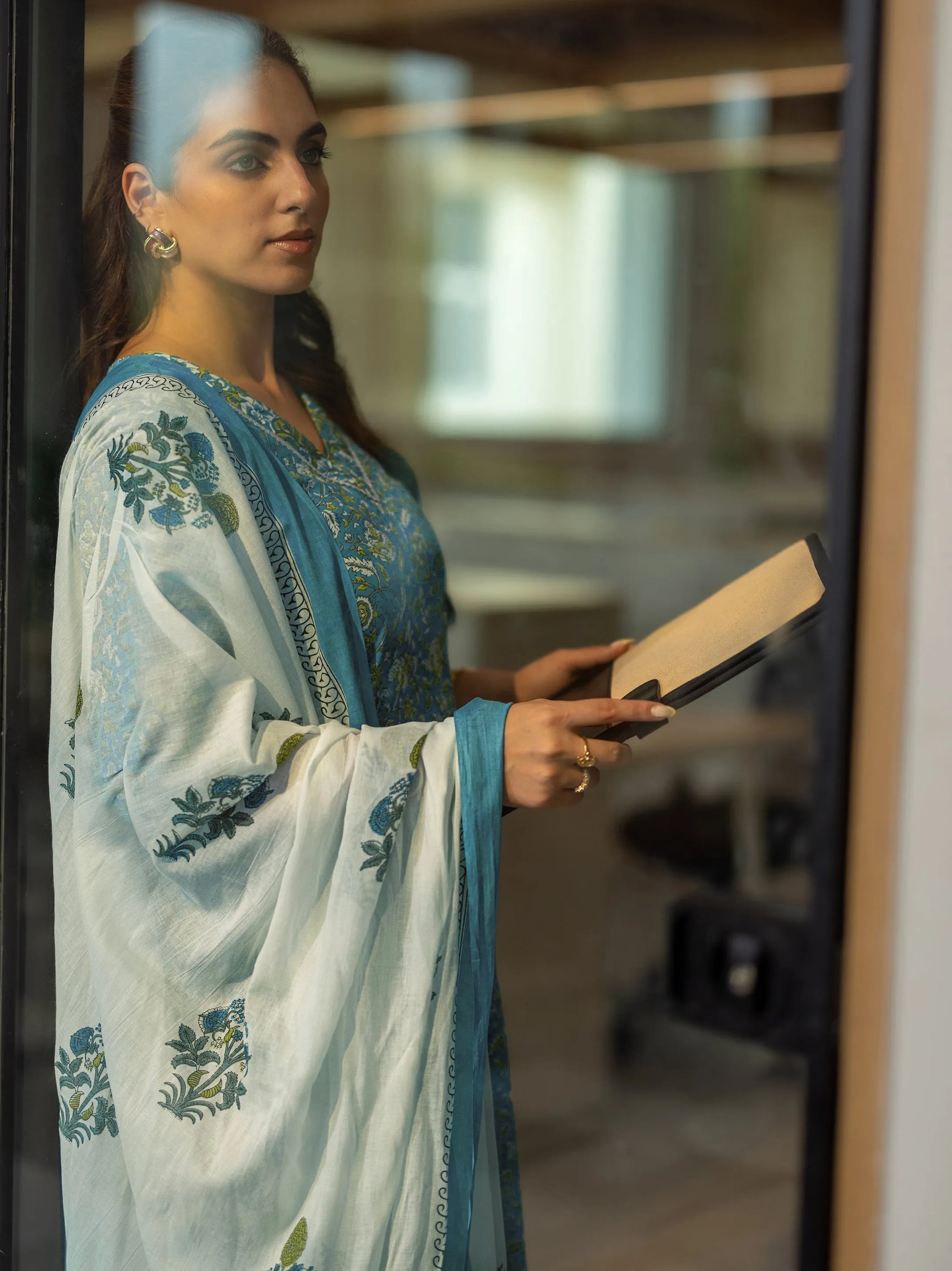 Libas Teal Blue Printed Cotton Straight Suit Set With Dupatta