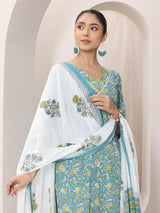 Libas Teal Blue Printed Cotton Straight Suit Set With Dupatta