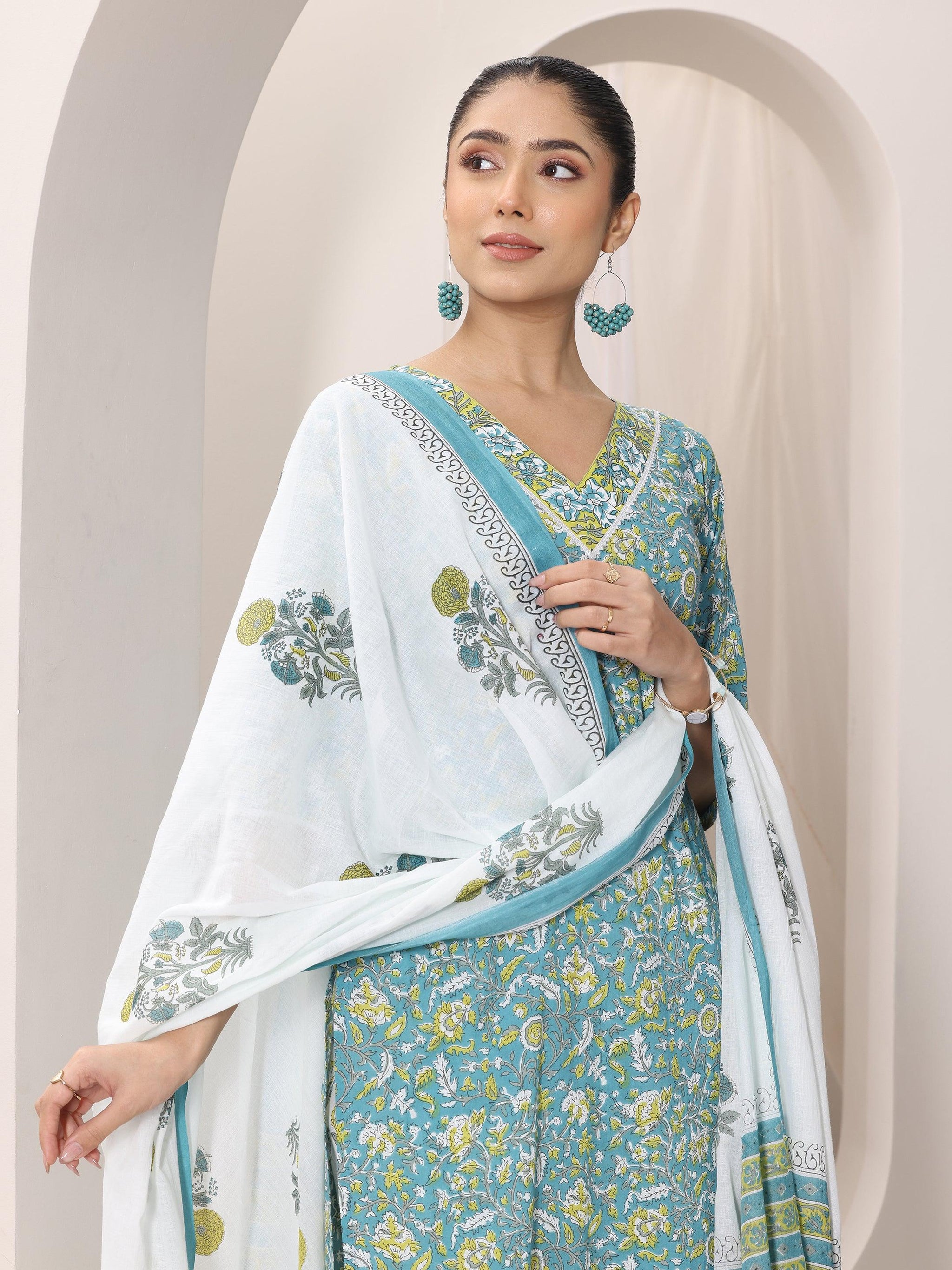 Libas Teal Blue Printed Cotton Straight Suit Set With Dupatta