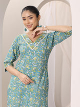 Libas Teal Blue Printed Cotton Straight Suit Set With Dupatta