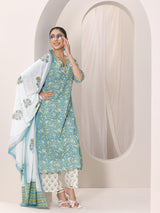 Libas Teal Blue Printed Cotton Straight Suit Set With Dupatta