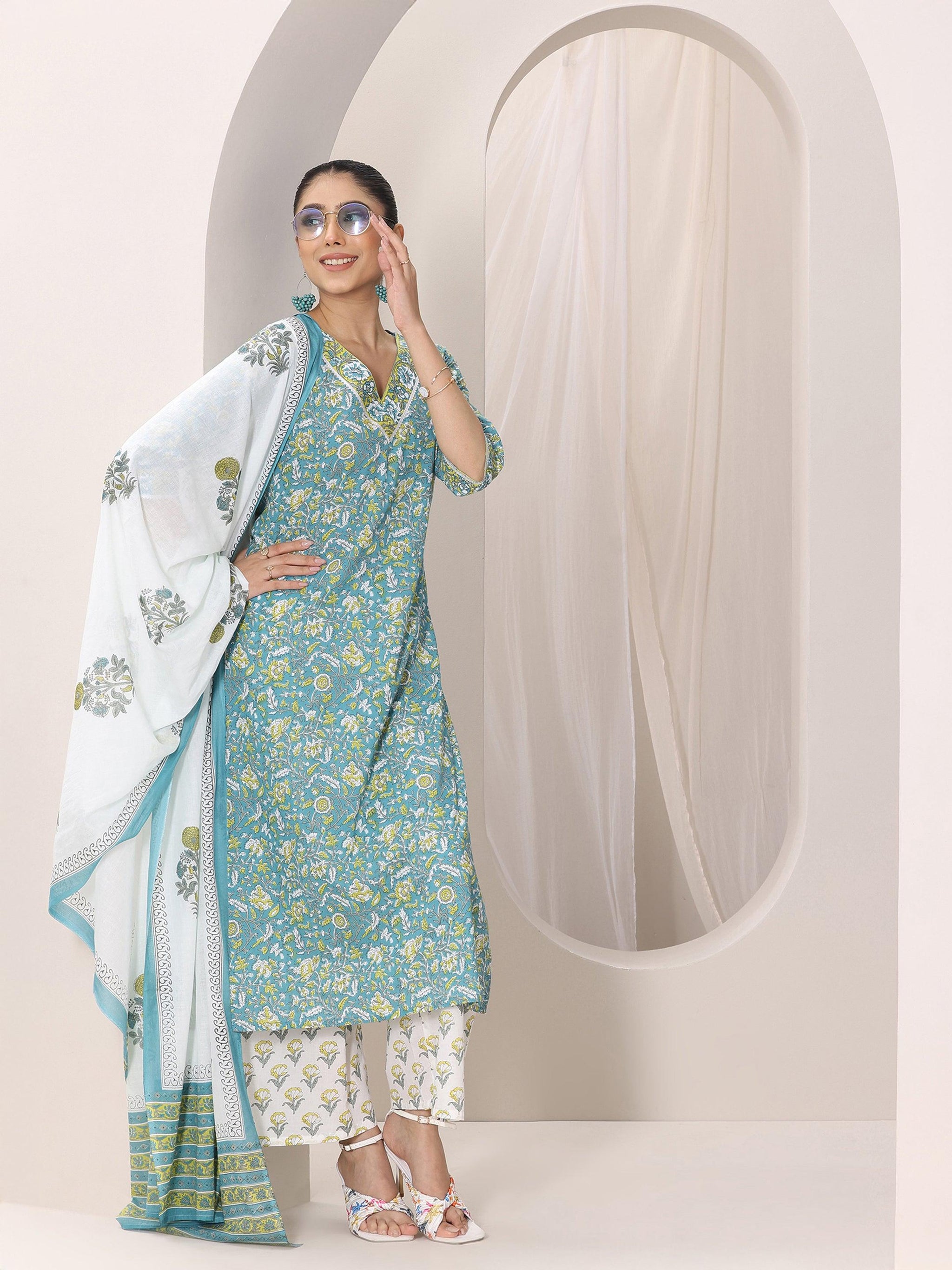 Libas Teal Blue Printed Cotton Straight Suit Set With Dupatta