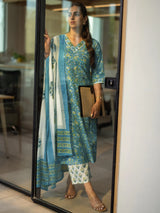 Libas Teal Blue Printed Cotton Straight Suit Set With Dupatta
