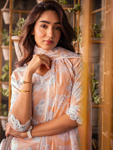 Libas Peach Printed Cotton Straight Suit Set With Dupatta