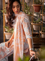 Libas Peach Printed Cotton Straight Suit Set With Dupatta