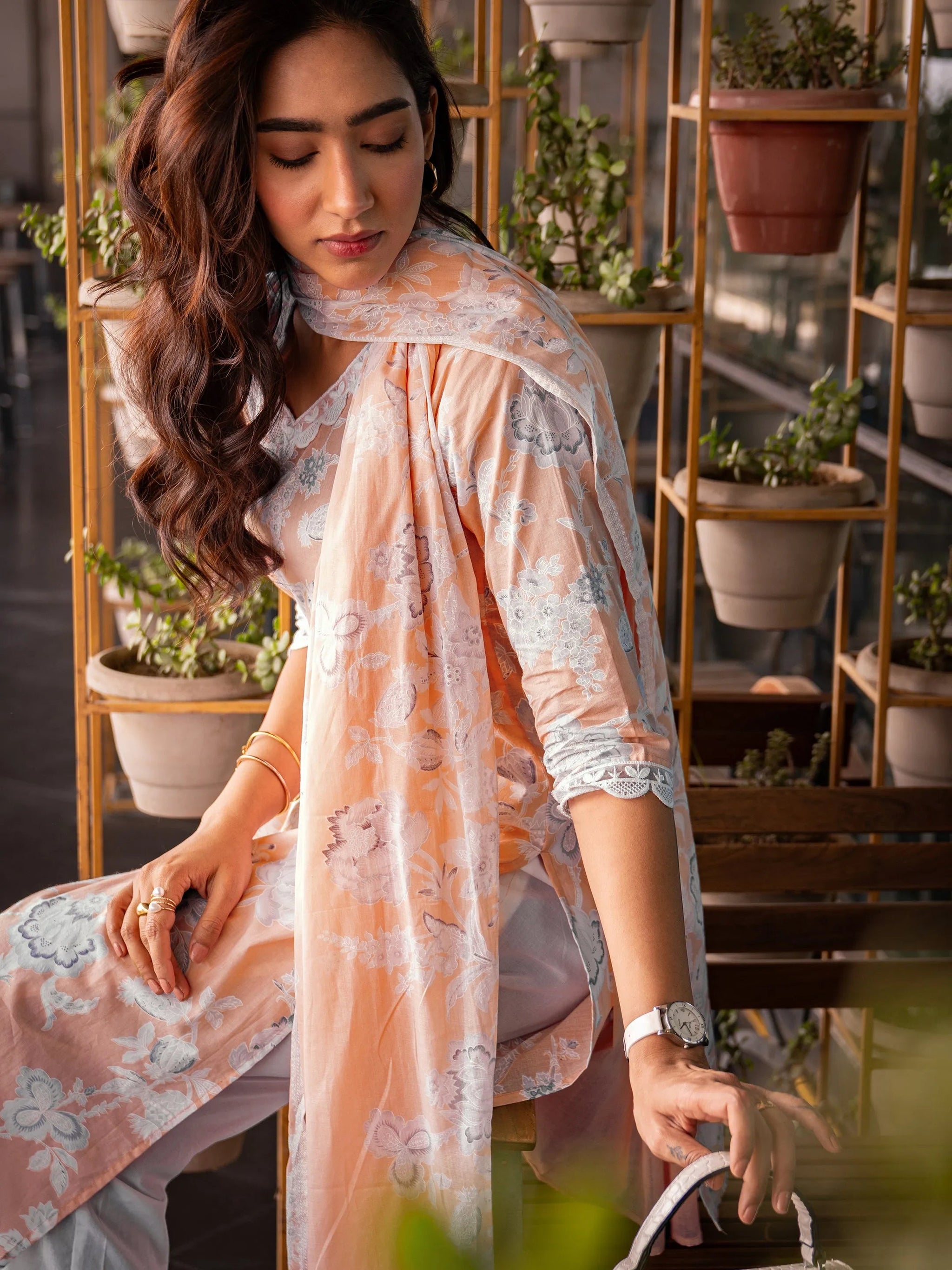 Libas Peach Printed Cotton Straight Suit Set With Dupatta