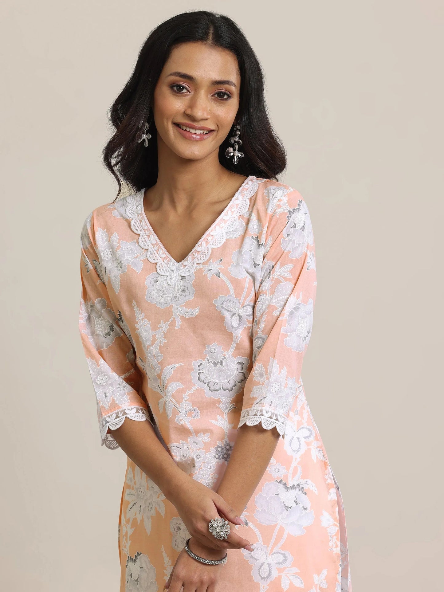 Libas Peach Printed Cotton Straight Suit Set With Dupatta