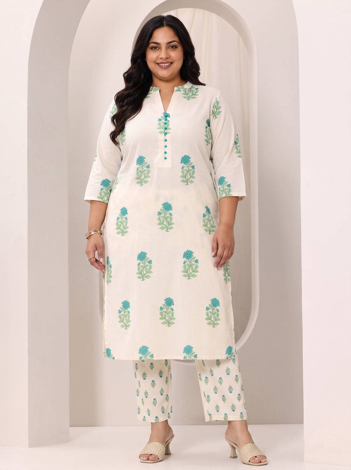 Plus Size Off white Printed Cotton Straight Kurta Set
