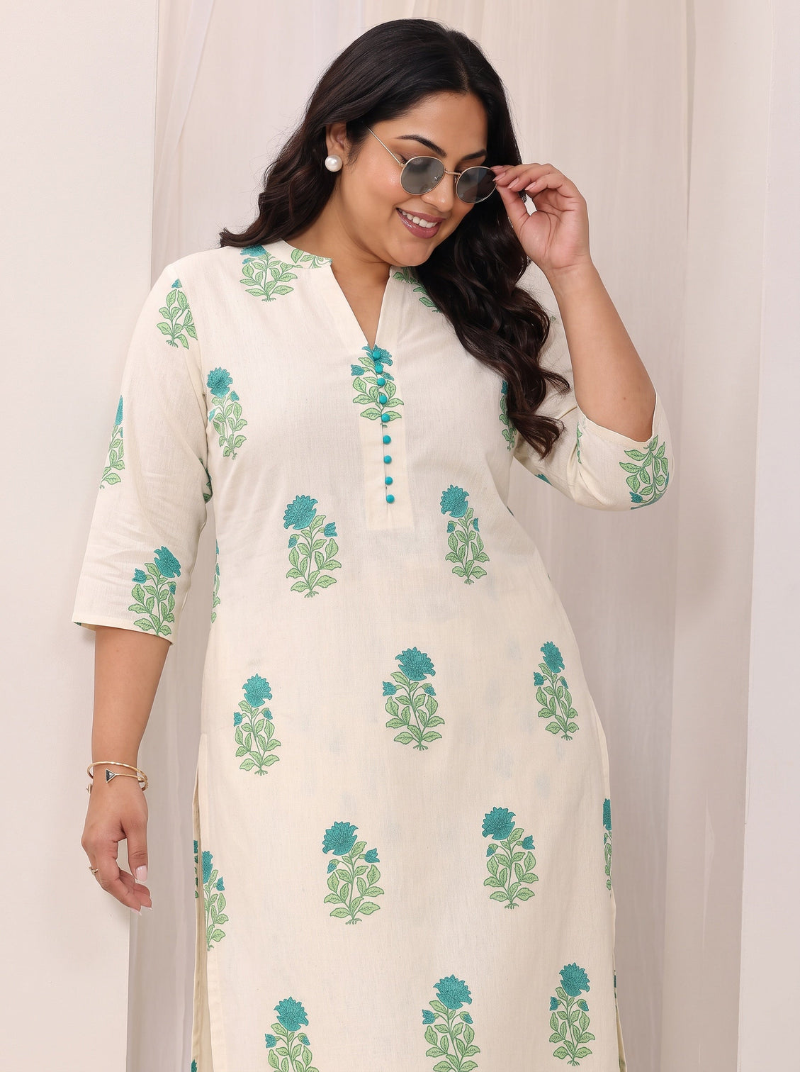 Plus Size Off white Printed Cotton Straight Kurta Set