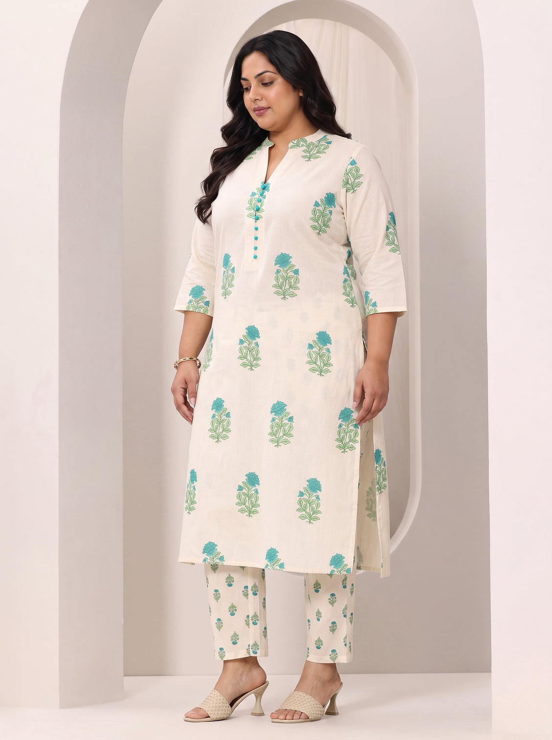 Plus Size Off white Printed Cotton Straight Kurta Set