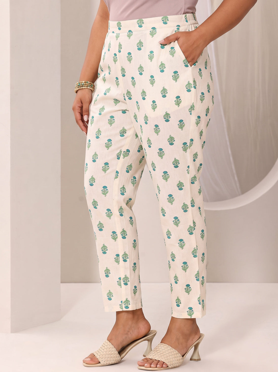 Plus Size Off white Printed Cotton Straight Kurta Set