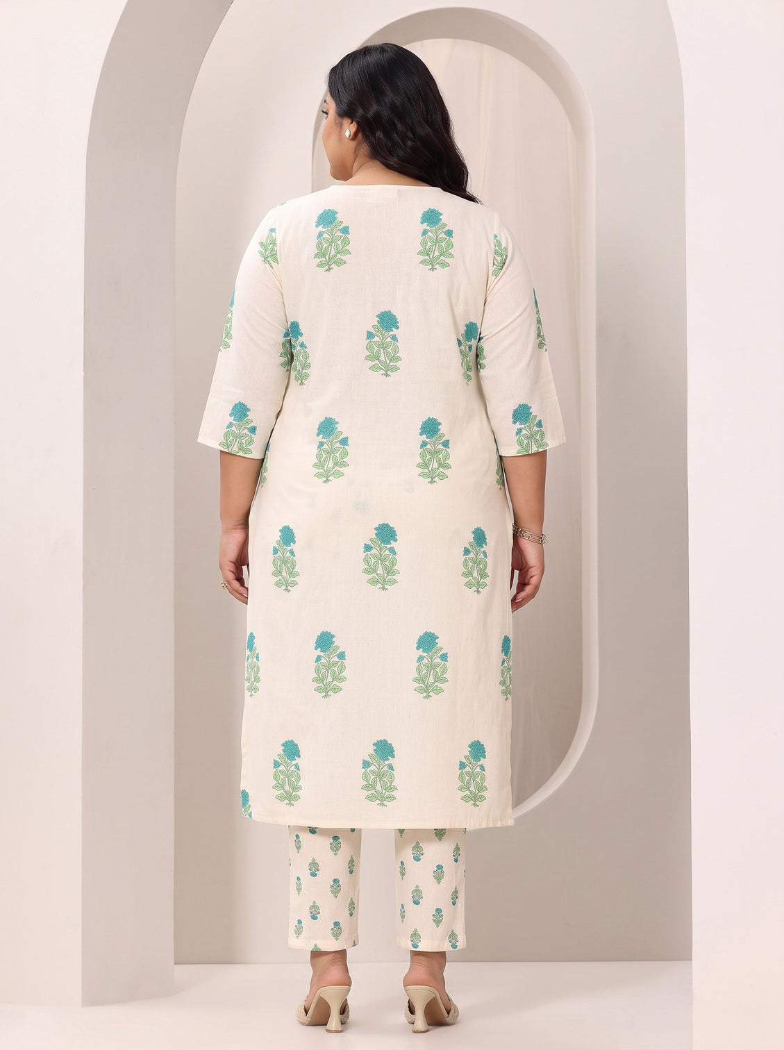 Plus Size Off white Printed Cotton Straight Kurta Set