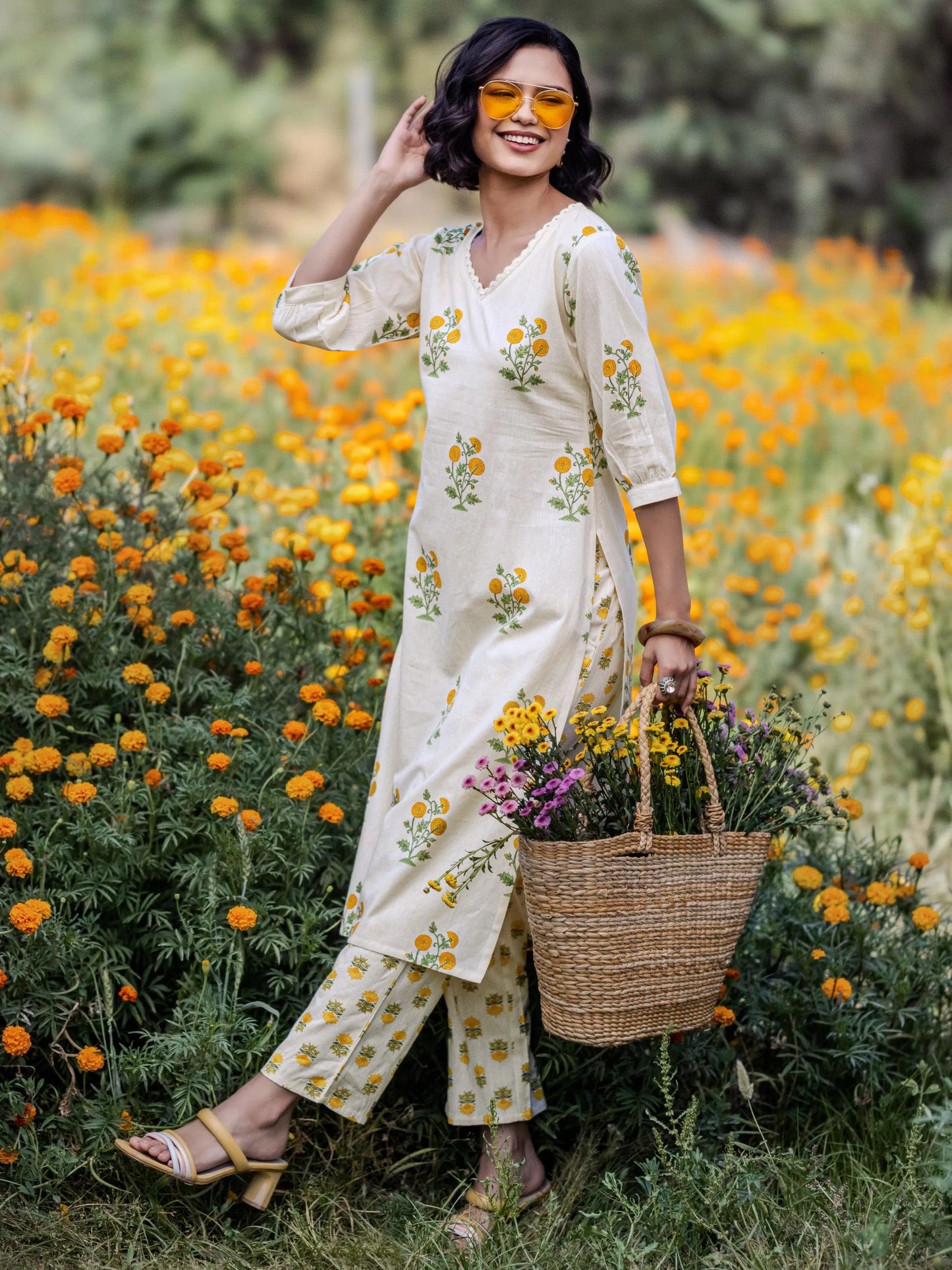 Libas Off white Printed Cotton Straight Kurta Set