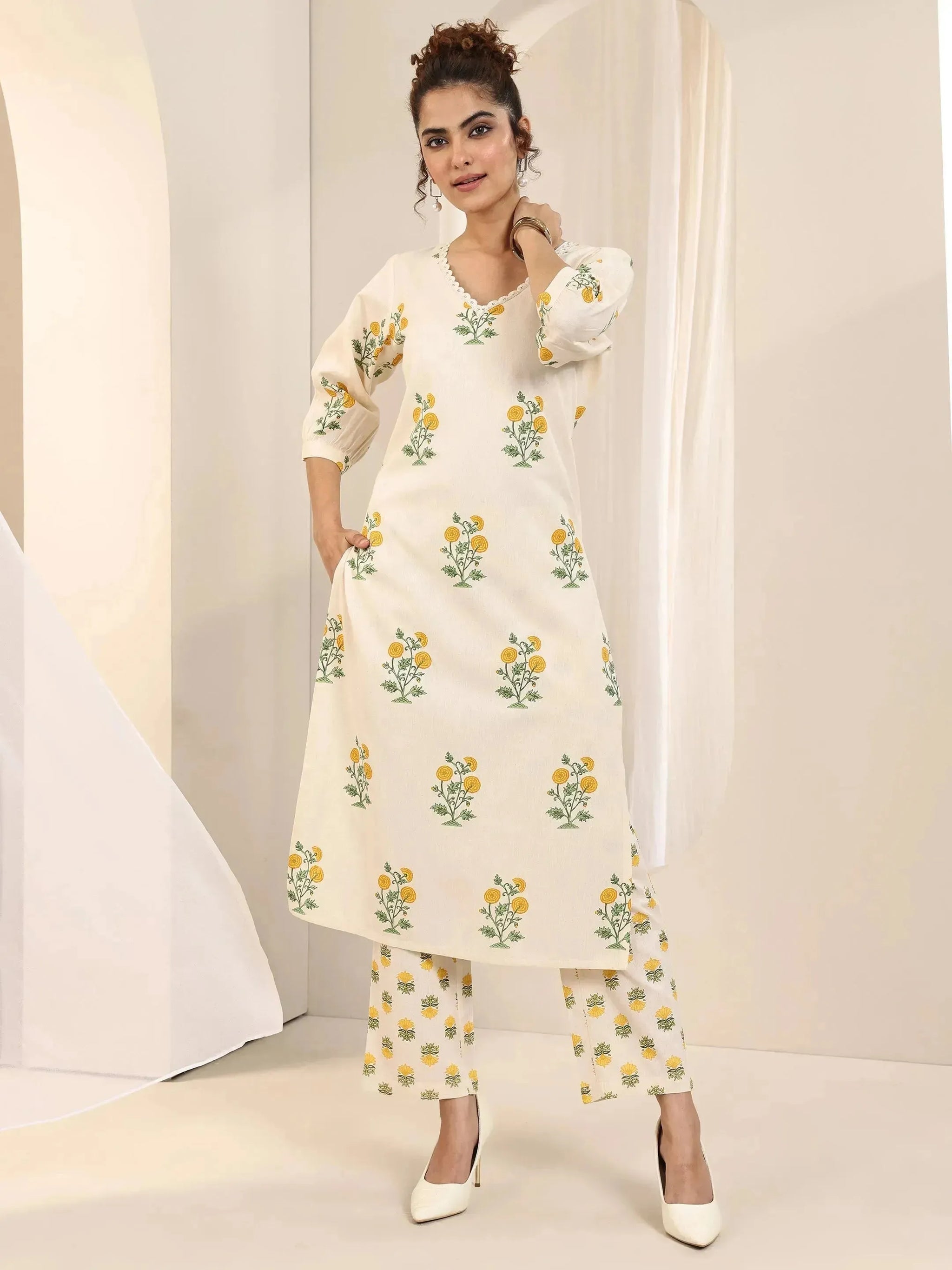Libas Off white Printed Cotton Straight Kurta Set