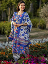 Libas Blue Printed Cotton Straight Suit Sets With Dupatta