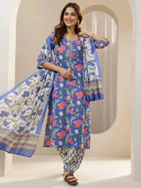 Libas Blue Printed Cotton Straight Suit Sets With Dupatta