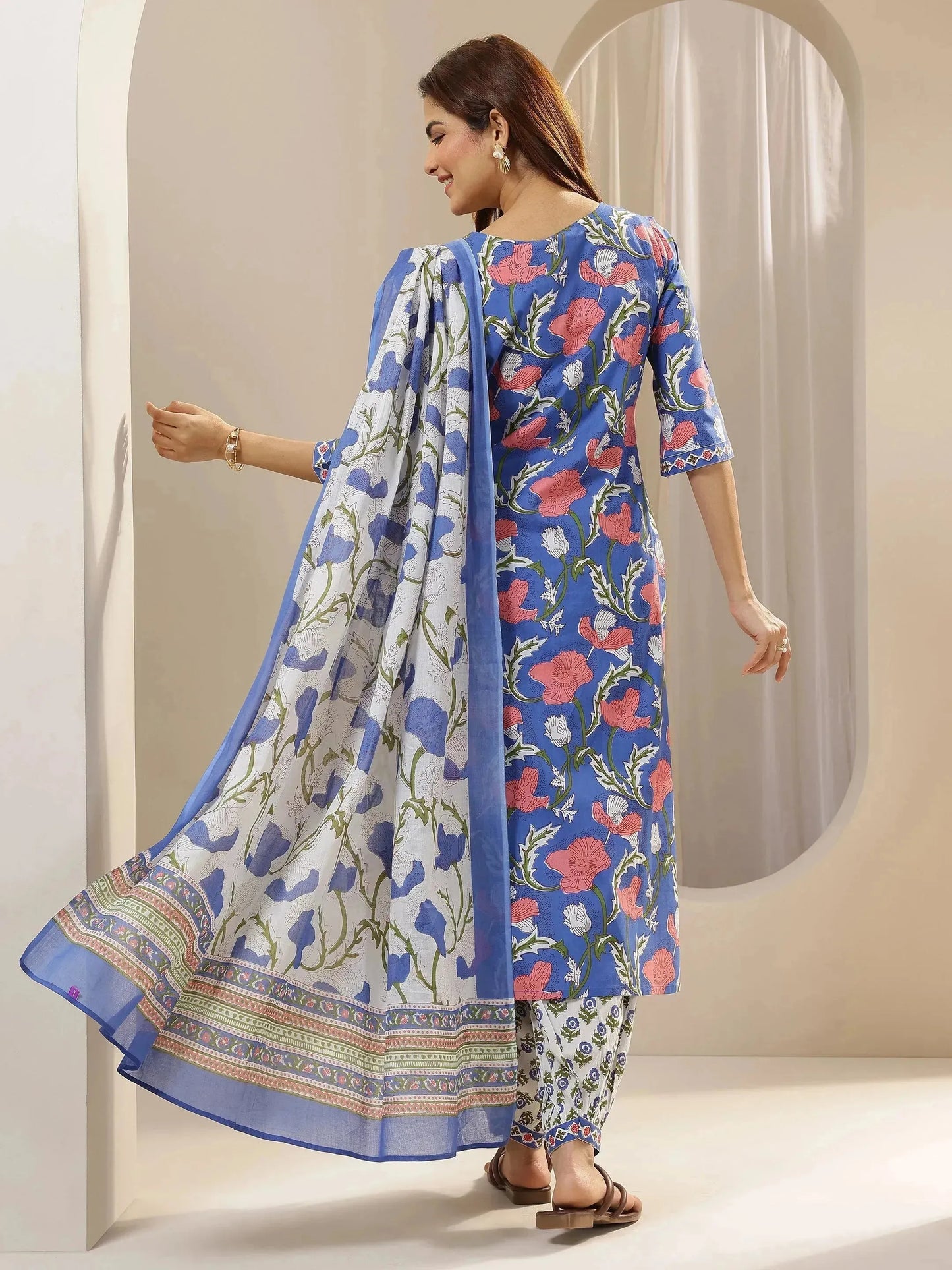 Libas Blue Printed Cotton Straight Suit Sets With Dupatta