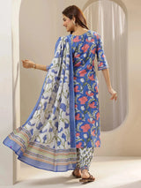 Libas Blue Printed Cotton Straight Suit Sets With Dupatta