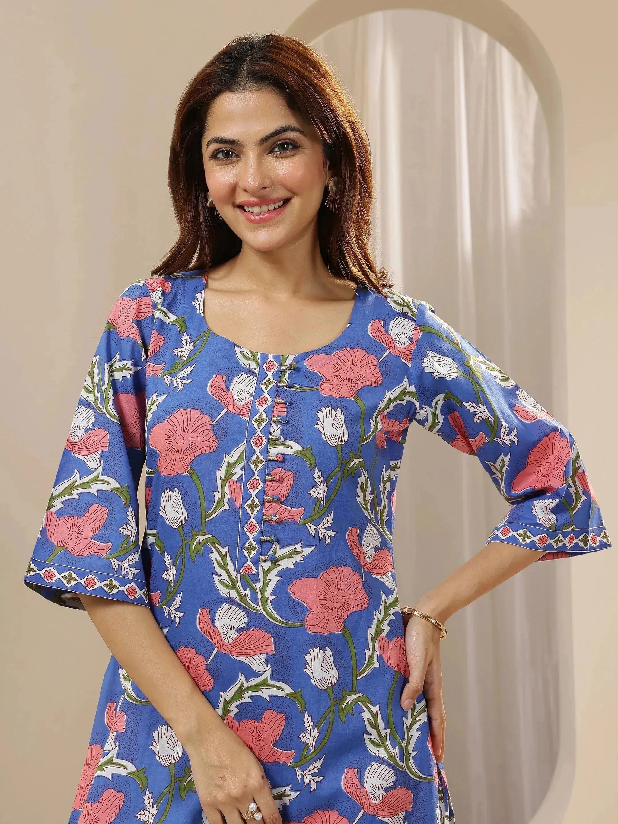 Libas Blue Printed Cotton Straight Suit Sets With Dupatta