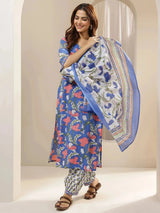 Libas Blue Printed Cotton Straight Suit Sets With Dupatta