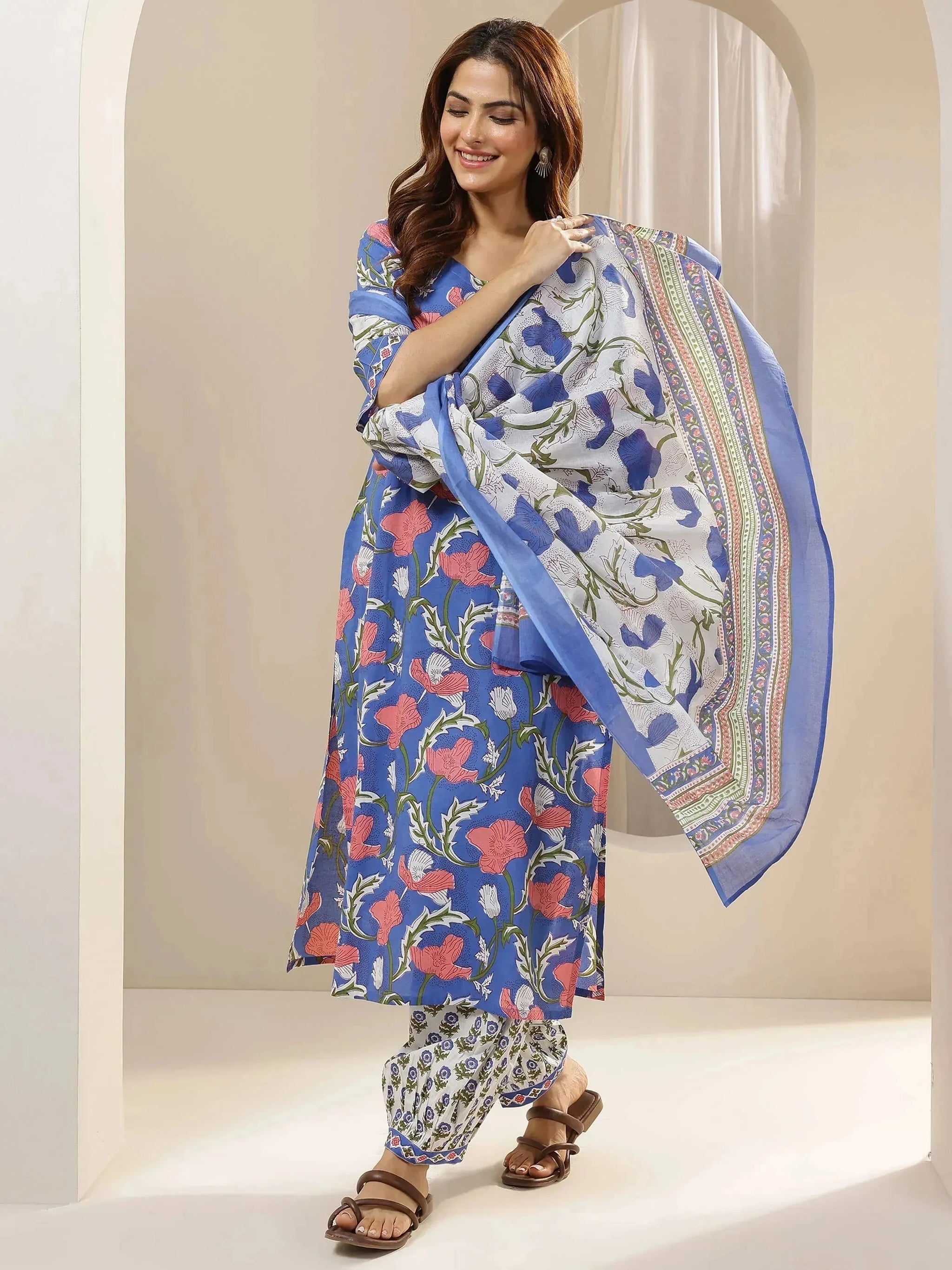 Libas Blue Printed Cotton Straight Suit Sets With Dupatta