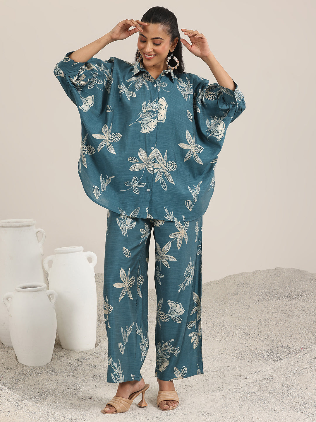 Libas Blue Printed Silk Blend Co-Ord Sets