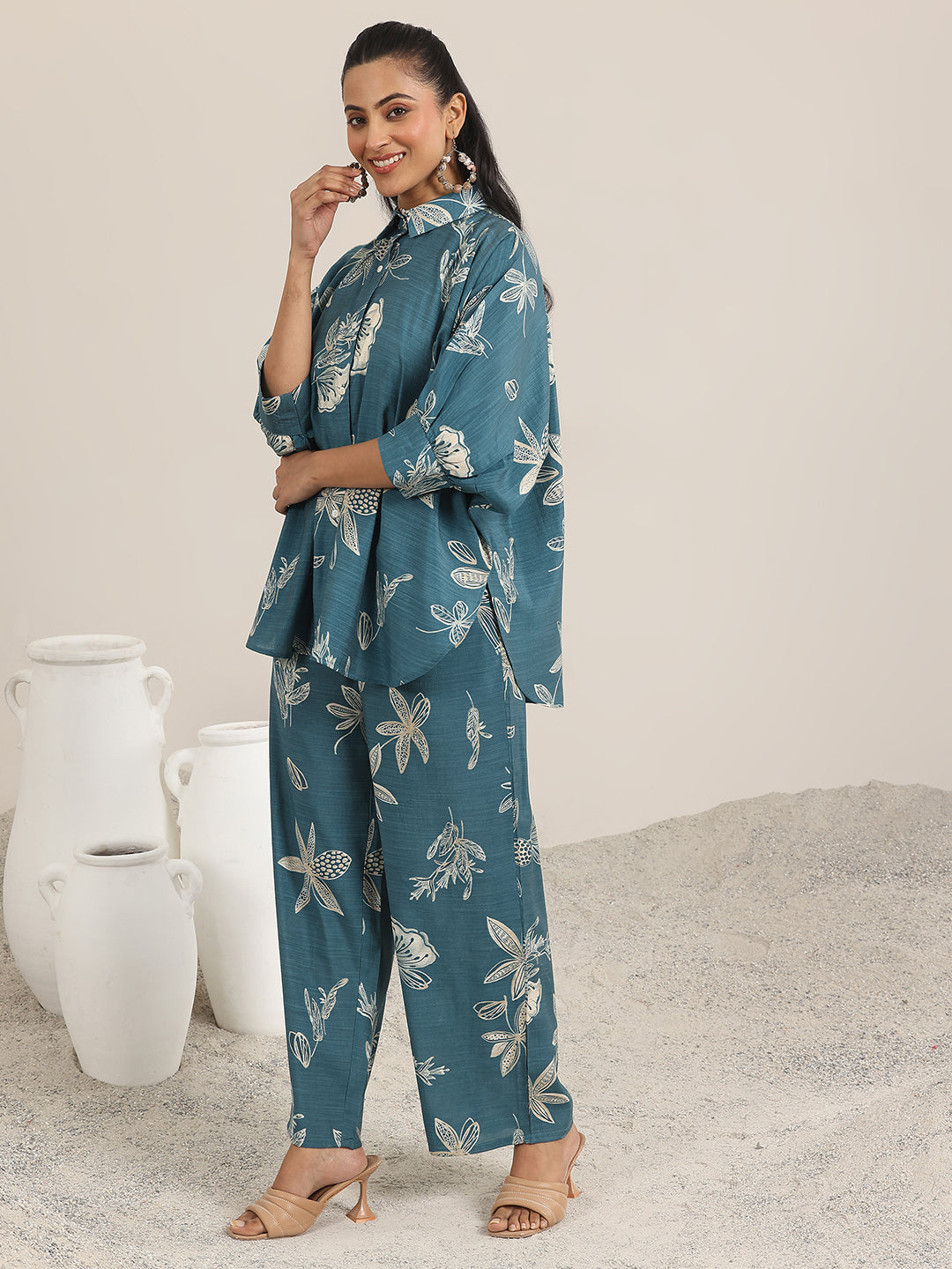 Libas Blue Printed Silk Blend Co-Ord Sets