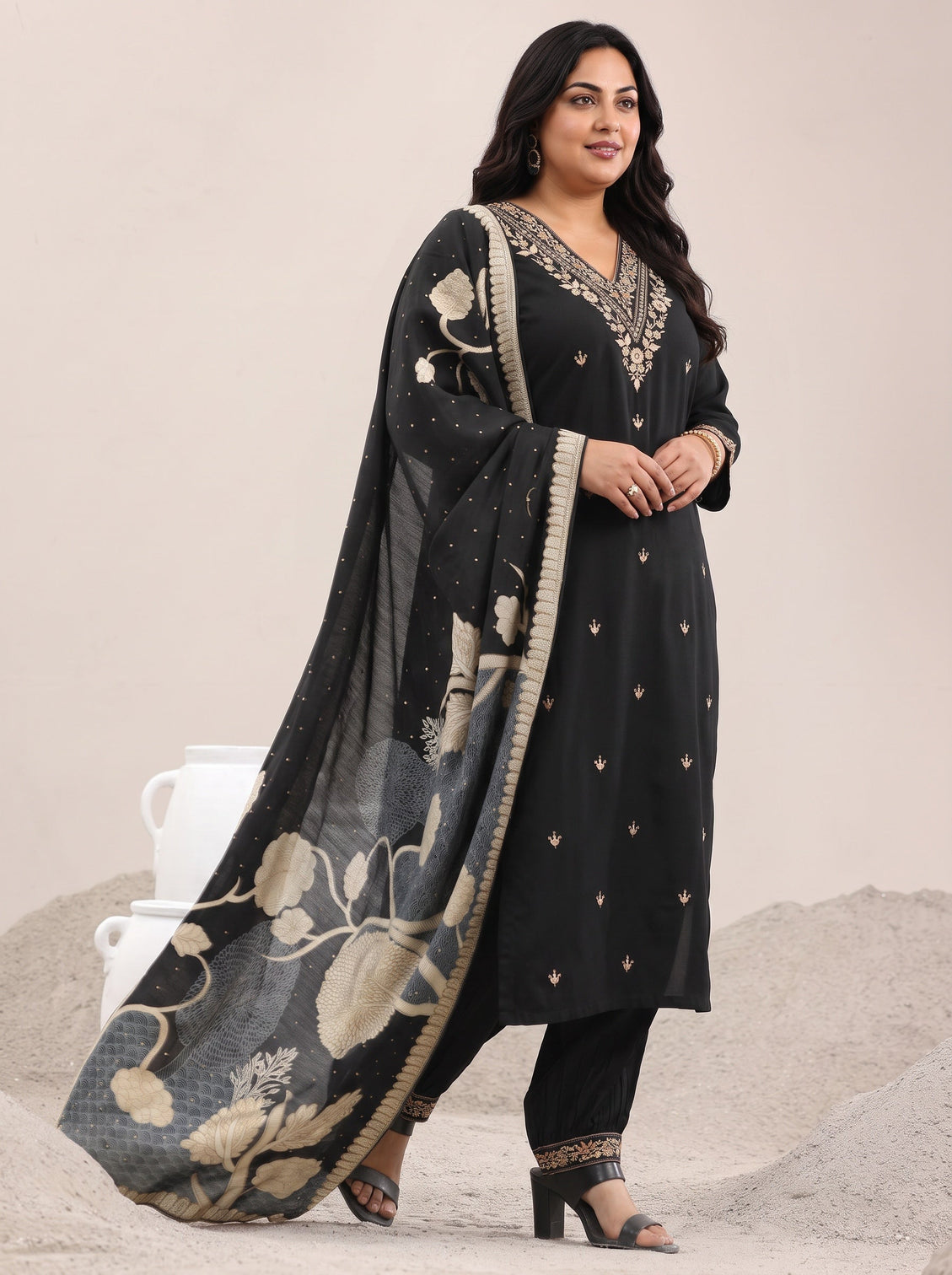 Plus Size Black Embroidered Rayon Straight Suit With Dupatta