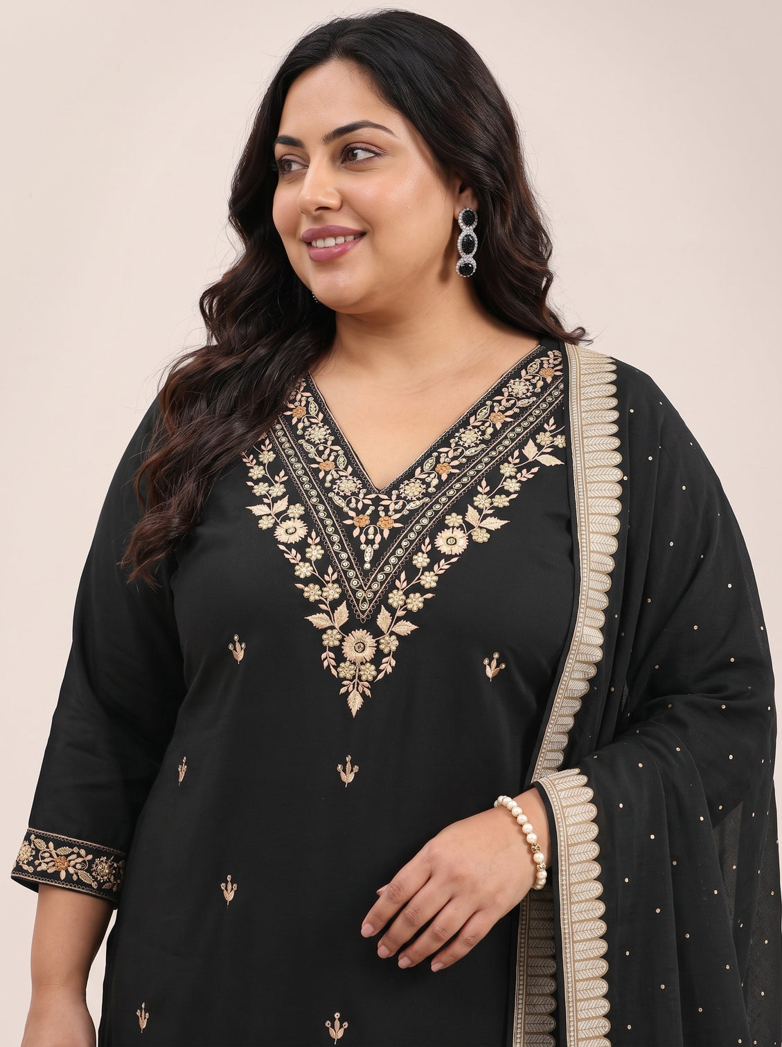 Plus Size Black Embroidered Rayon Straight Suit With Dupatta