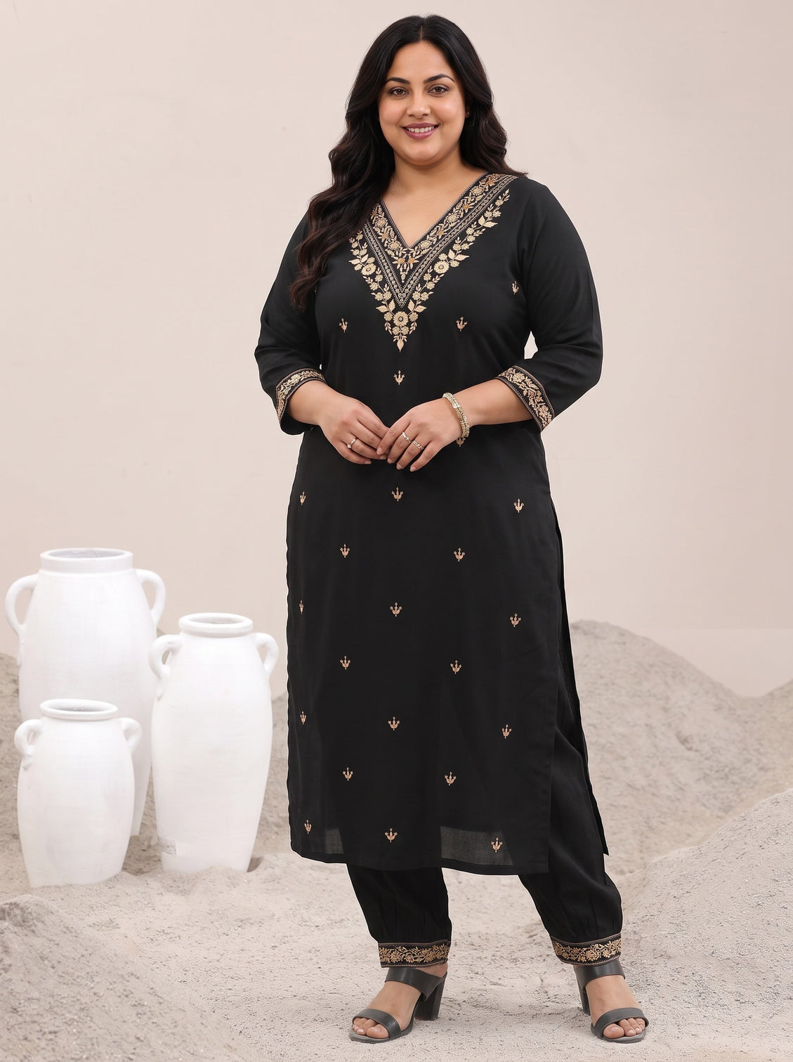 Plus Size Black Embroidered Rayon Straight Suit With Dupatta