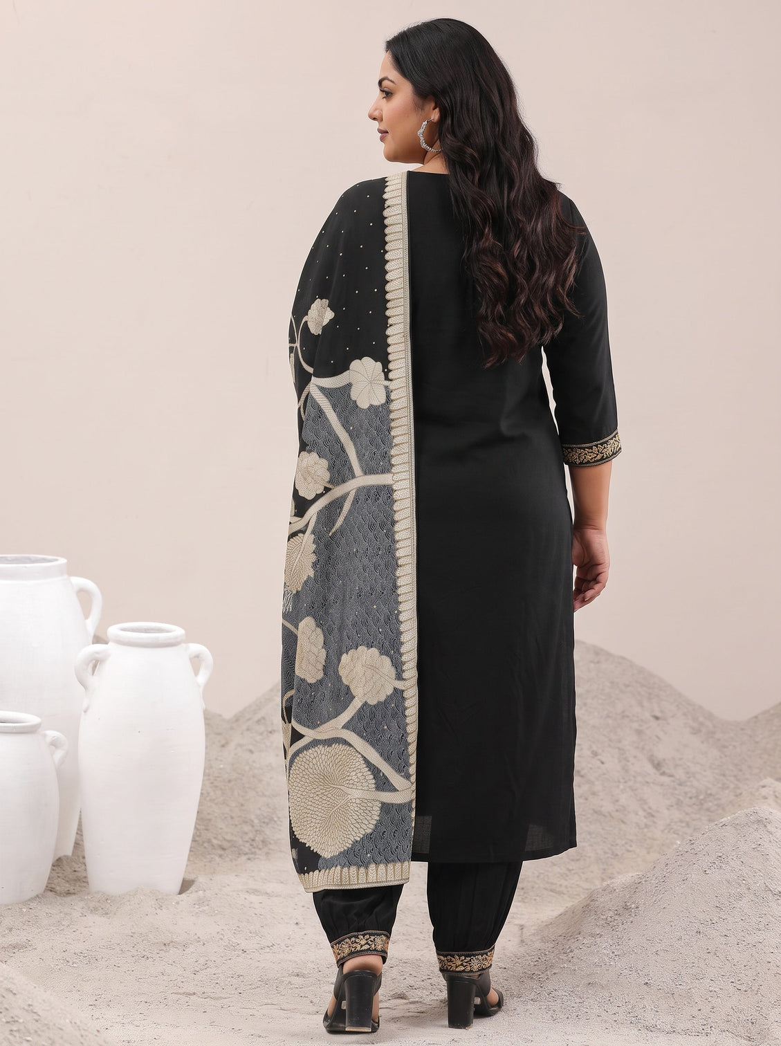 Plus Size Black Embroidered Rayon Straight Suit With Dupatta