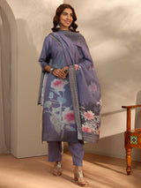 Libas Blue Printed Silk Blend Straight Suit With Dupatta