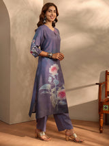 Libas Blue Printed Silk Blend Straight Suit With Dupatta